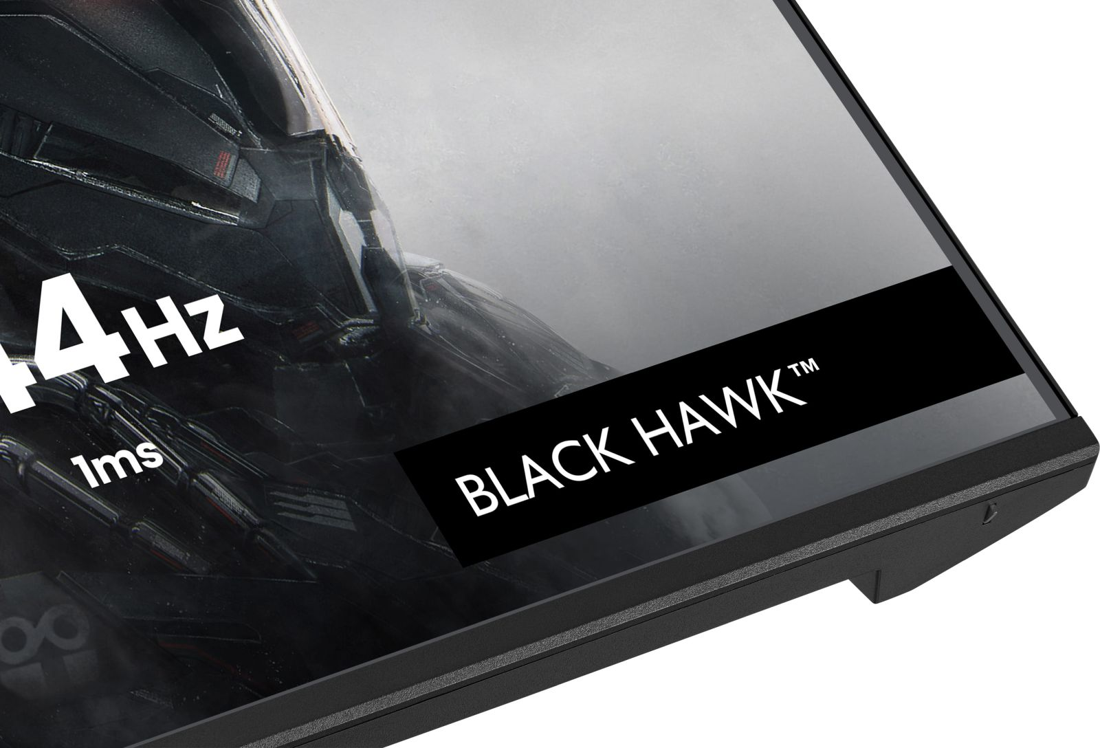Monitor wyświetla "144Hz" i "1ms" na obrazie z "BLACK HAWK".