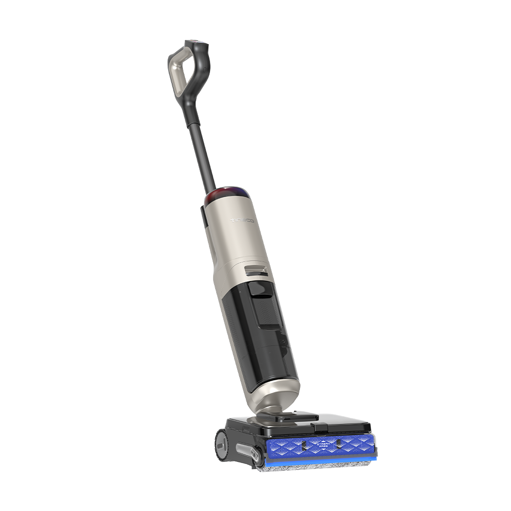 Elegancki, nowoczesny beżowo-czarny odkurzacz do pracy na mokro i sucho z niebieską szczotką.