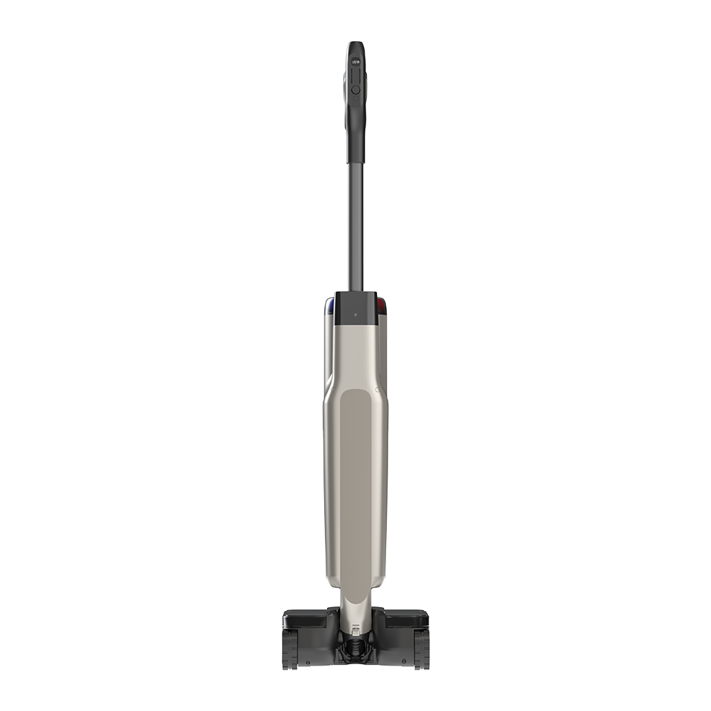 Srebrna myjka podłogowa z czarnym uchwytem i kołami.