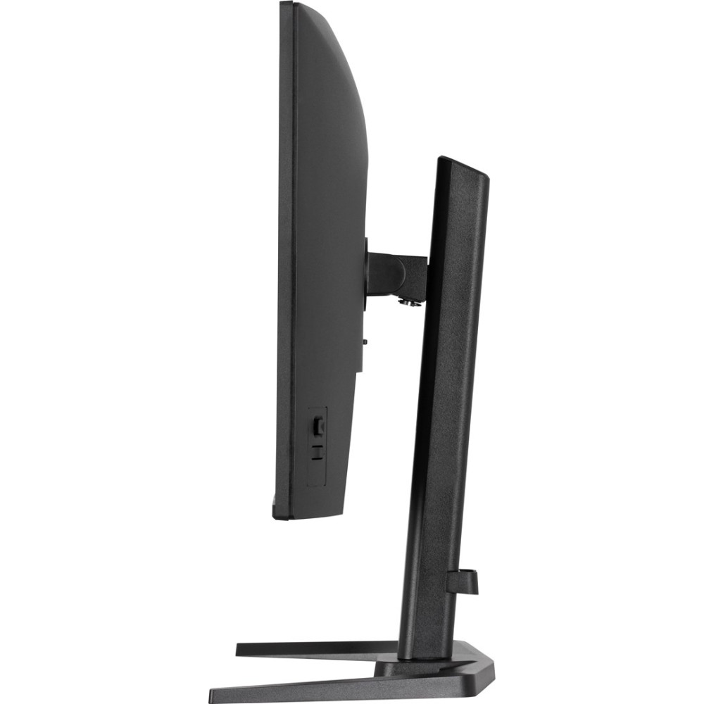 Black computer monitor shown from the side, with a thin bezel and stand.