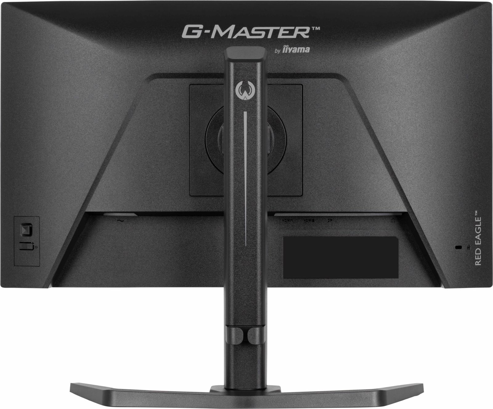 Tył czarnego monitora z logo iiyama G-Master i podstawą.