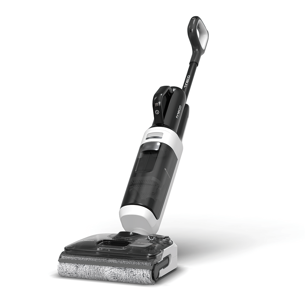 Nowoczesny, bezprzewodowy czyścik do podłóg z czarną rączką i przezroczystym zbiornikiem.