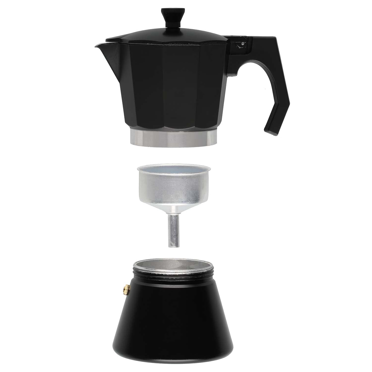 Een zwarte moka pot, gedemonteerd in drie delen: bovenkant, filtertrechter en basis.