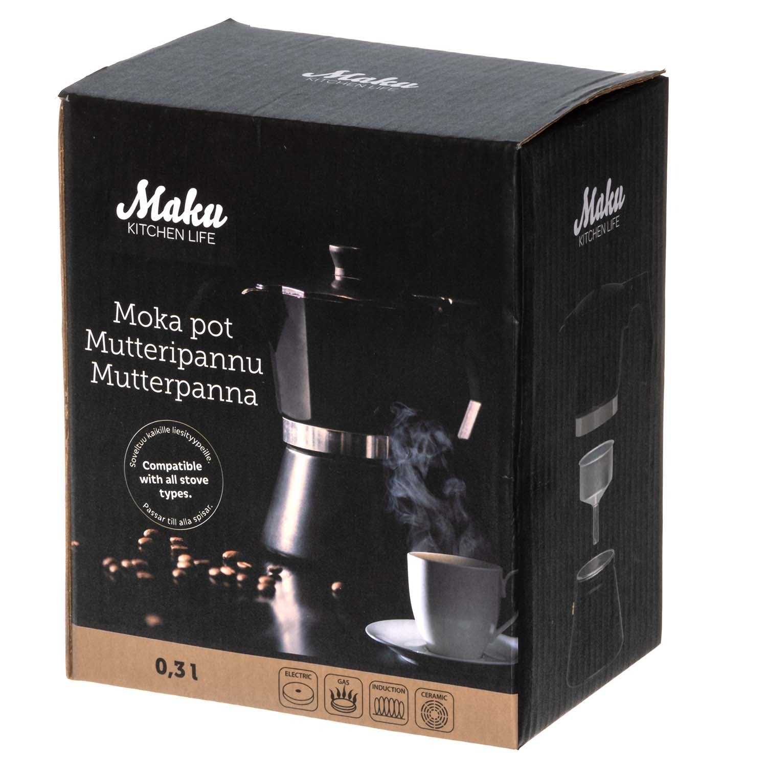 Zwarte moka pot op doos met koffie en stoom. Geschikt voor alle fornuistypen.