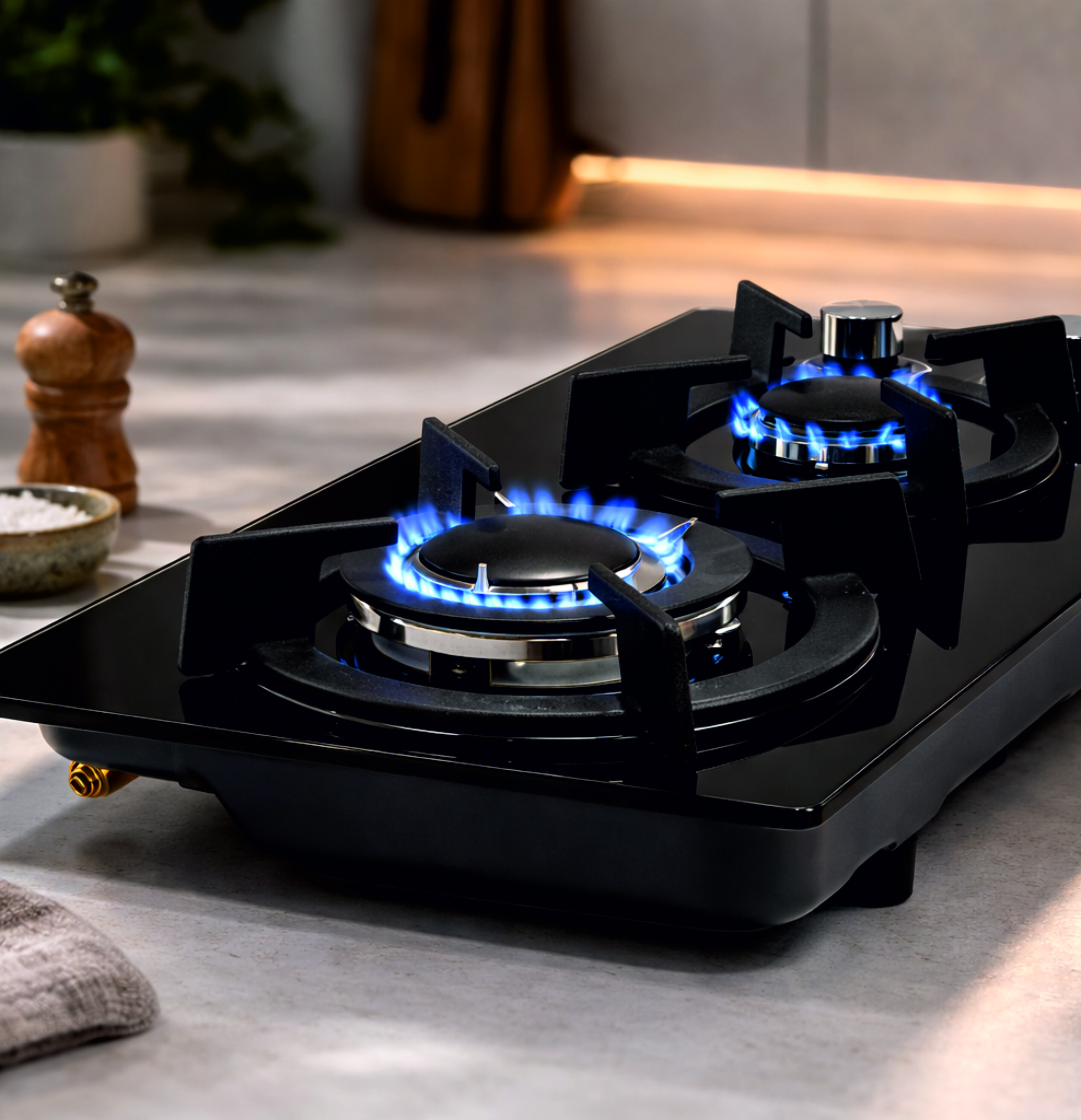 Una cocina de gas negra con llamas azules en dos quemadores, salero y pimentero.