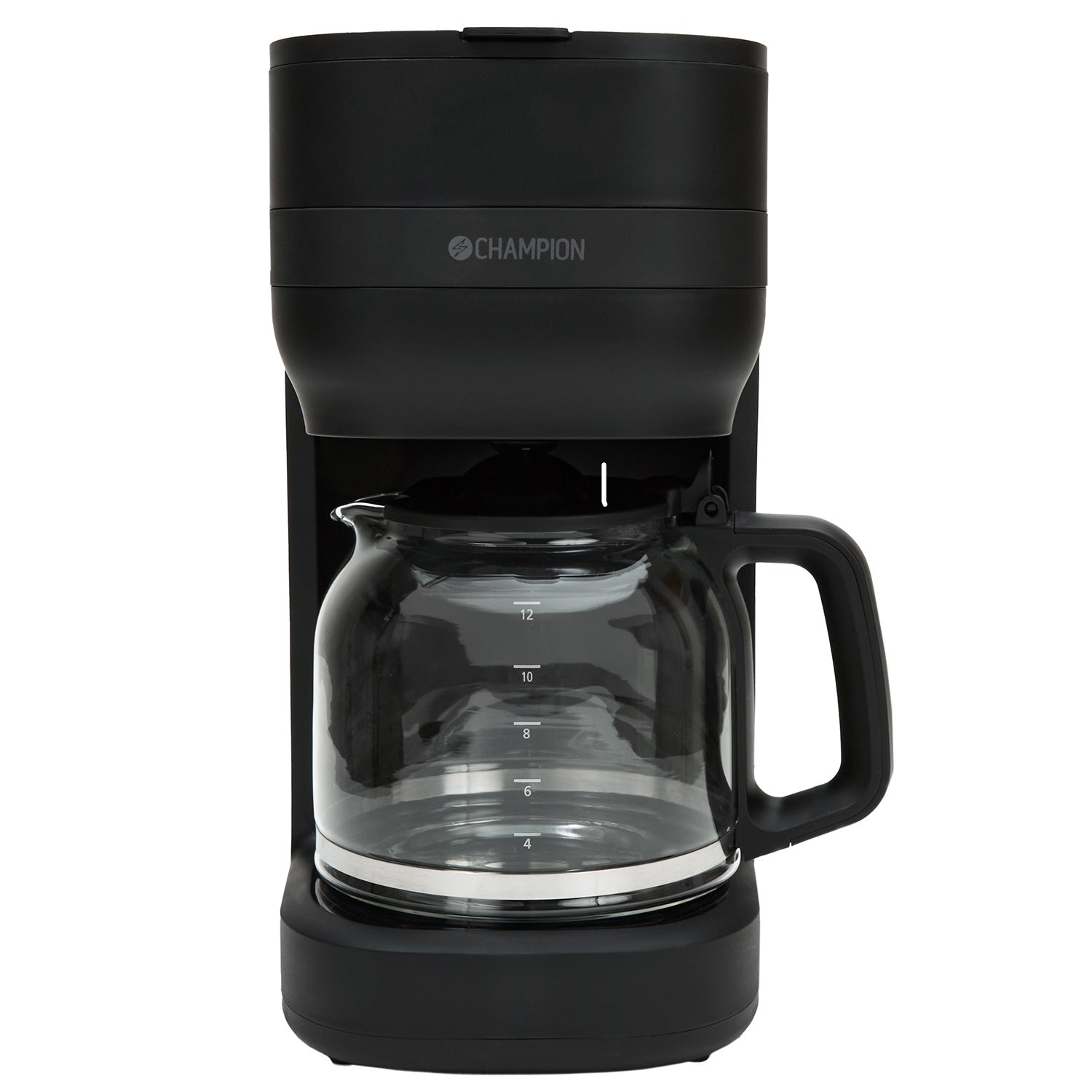 Cafetera negra con jarra de vidrio que muestra marcas de tazas de 4 a 12.