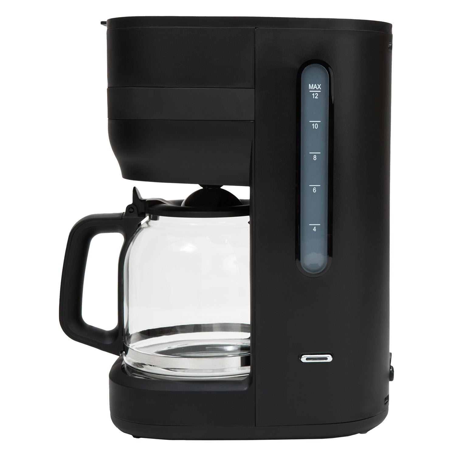 Cafetera negra con jarra de cristal y nivel de agua.