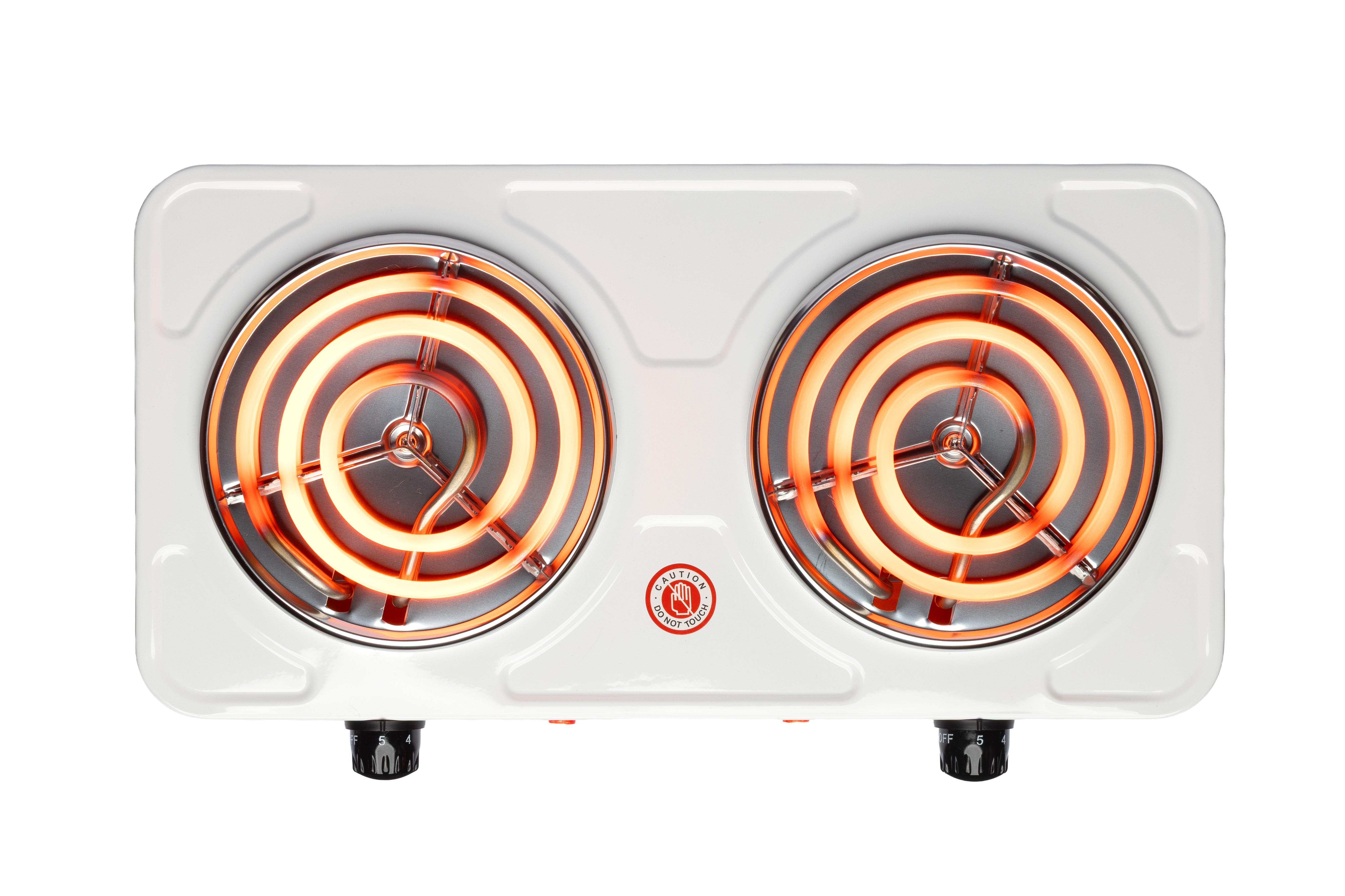 Una placa eléctrica blanca de doble quemador con espirales calientes naranjas.