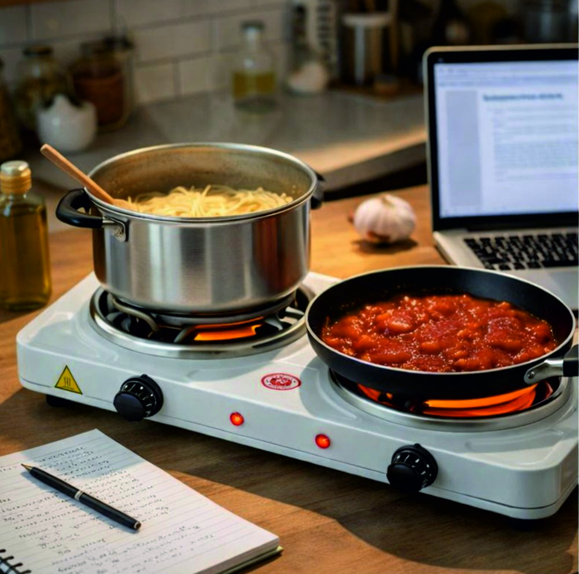 Una cocina portátil con pasta y salsa cocinándose, laptop y cuaderno cerca.