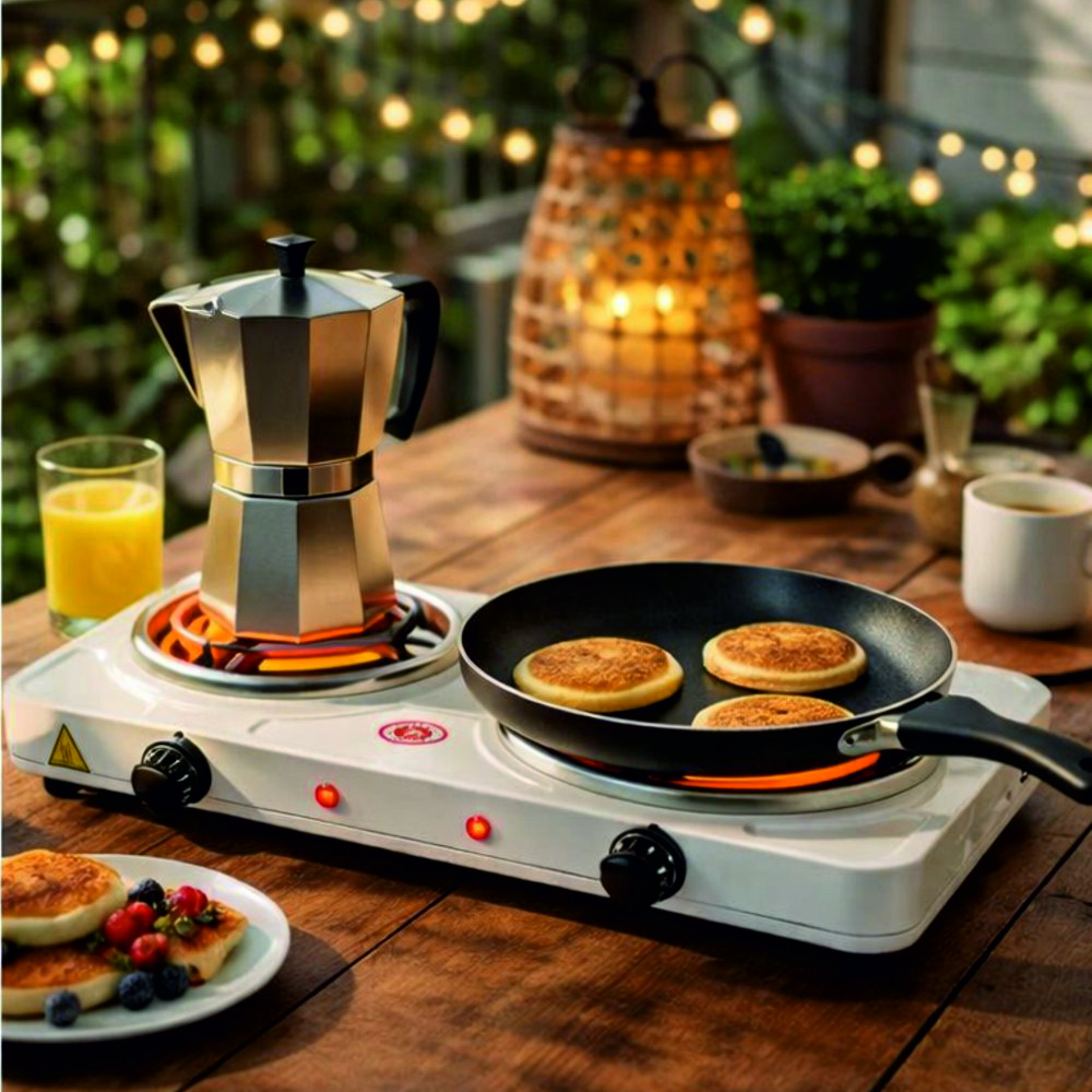 Una cafetera y tortitas en una placa de cocina doble exterior.