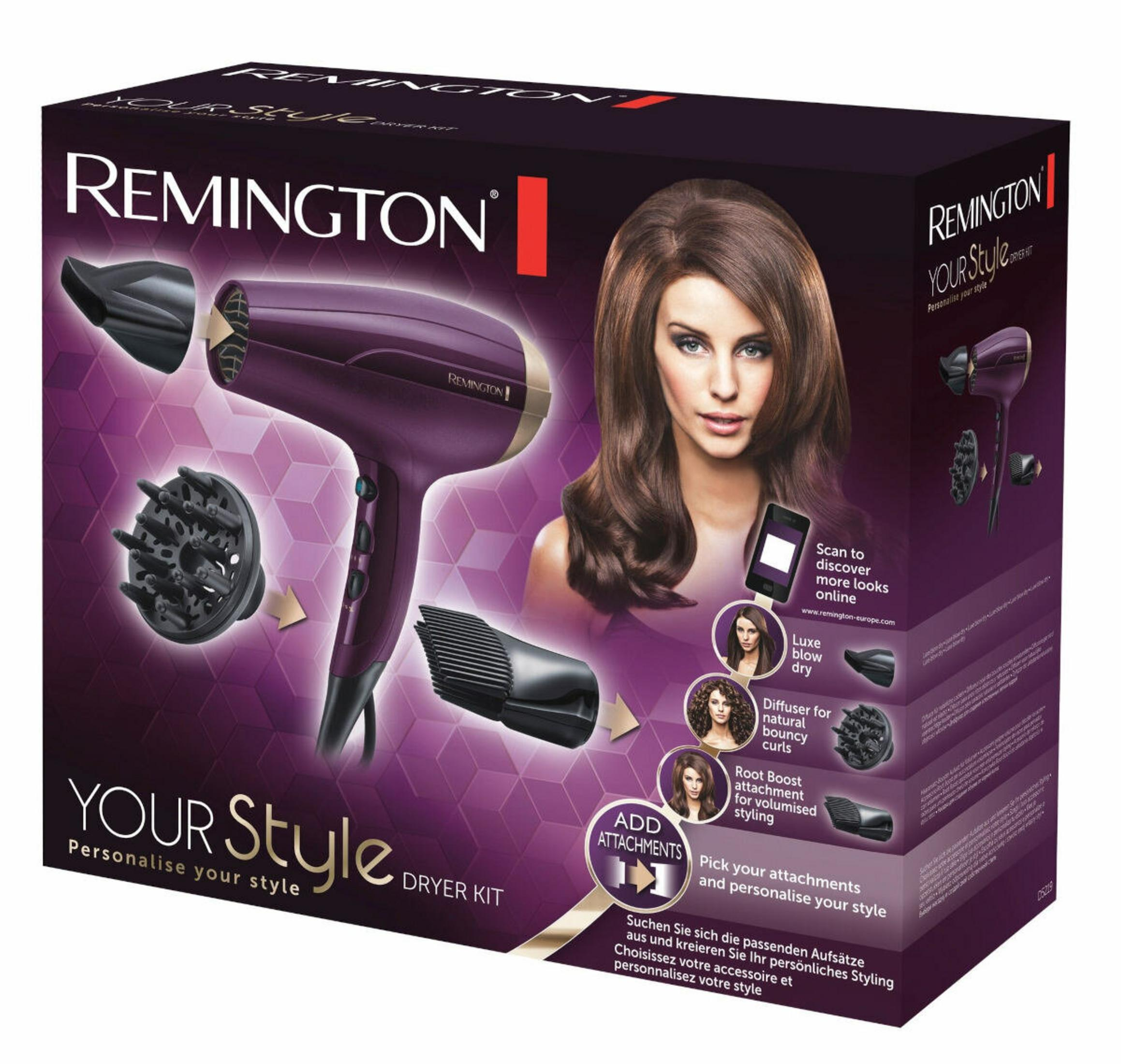 Paarse Remington haardroger met opzetstukken en model op verpakking.