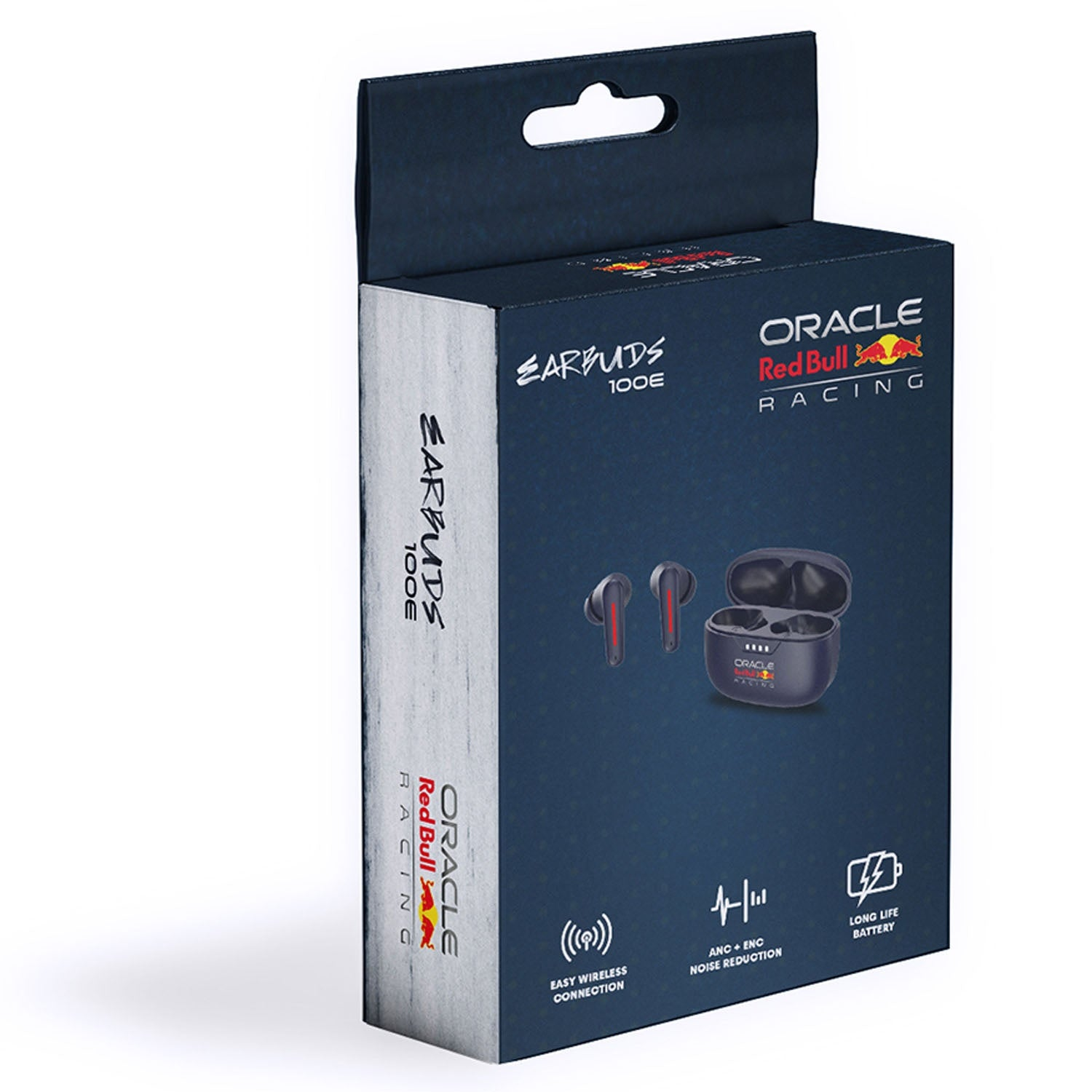 Oracle Red Bull Racing kulaklık kutusu, kulaklıkları, şarj kutusunu ve logoları gösteriyor.