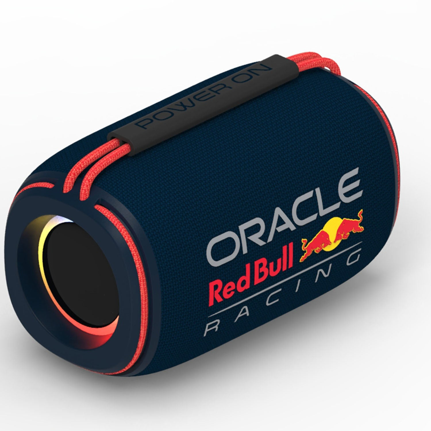 Un altoparlante blu con finiture rosse e logo Red Bull Racing.