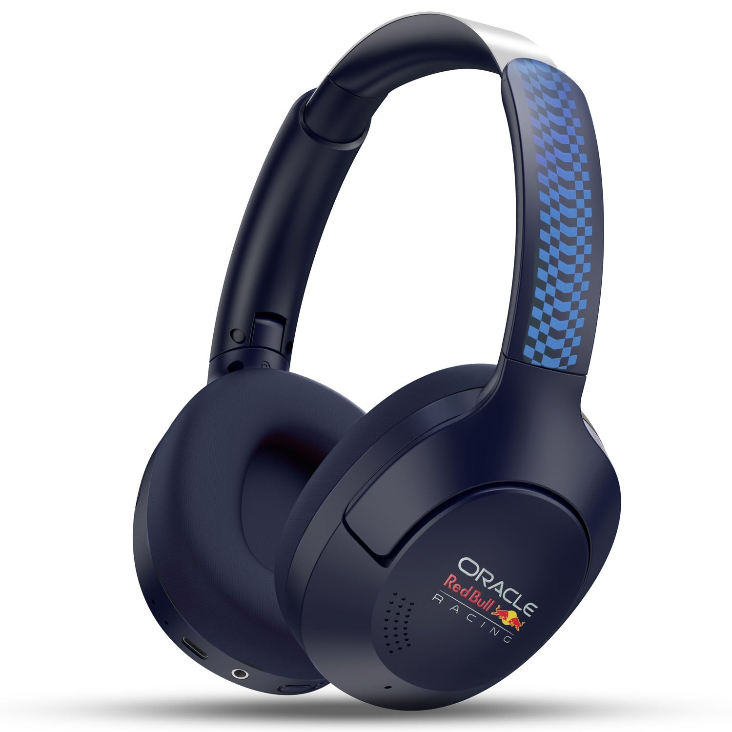 Cuffie blu scuro con logo Oracle Red Bull Racing e motivo a scacchi.