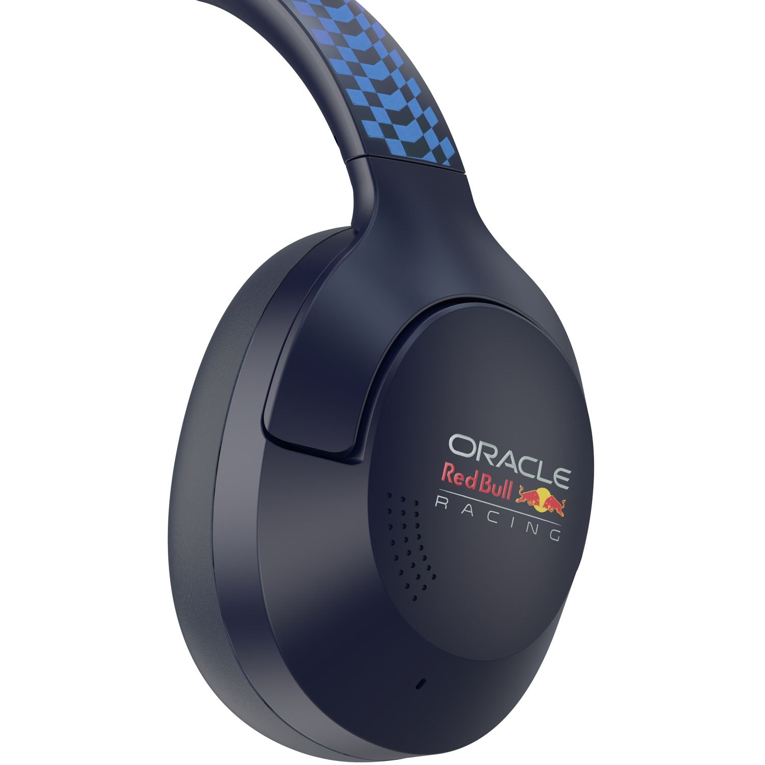 Cuffie blu scuro con logo Red Bull Racing e motivo a scacchi sull'archetto.