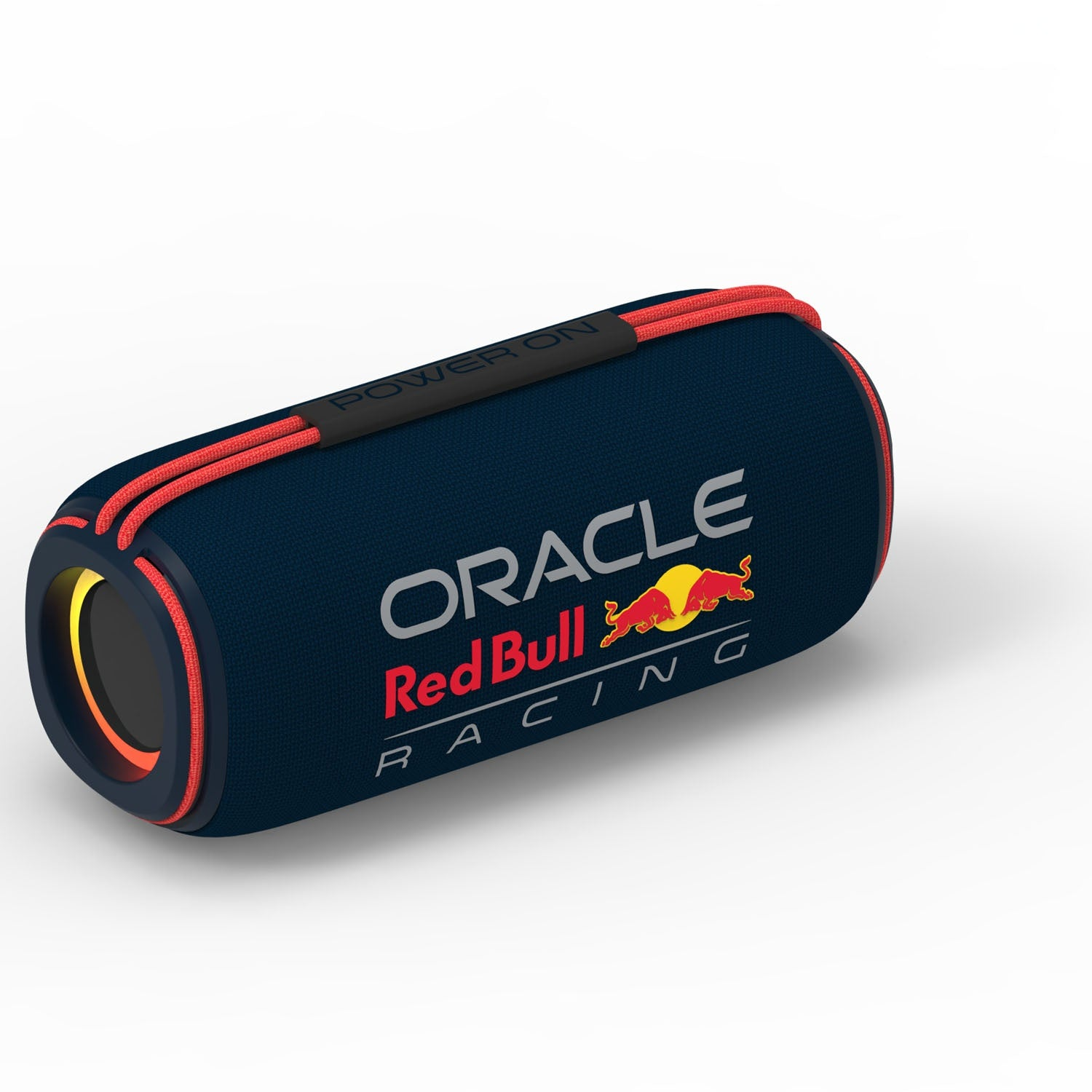 Un altoparlante portatile blu scuro con finiture rosse, con loghi Oracle Red Bull Racing.