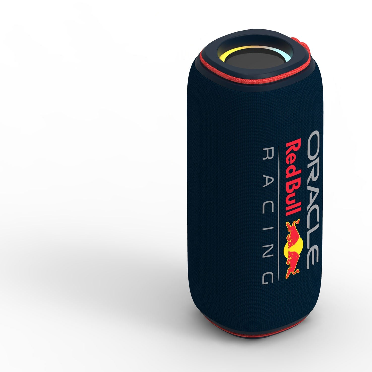 Altoparlante cilindrico blu scuro con logo Red Bull Racing.