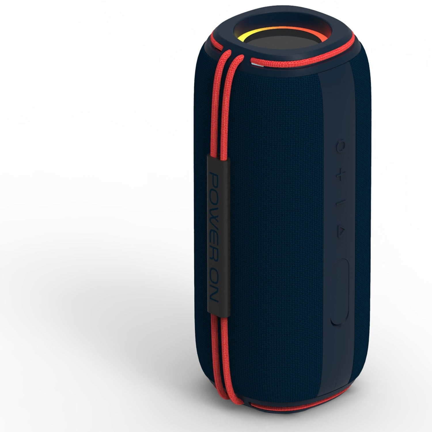 Altoparlante Bluetooth blu scuro con cordini rossi e testo "POWER ON".