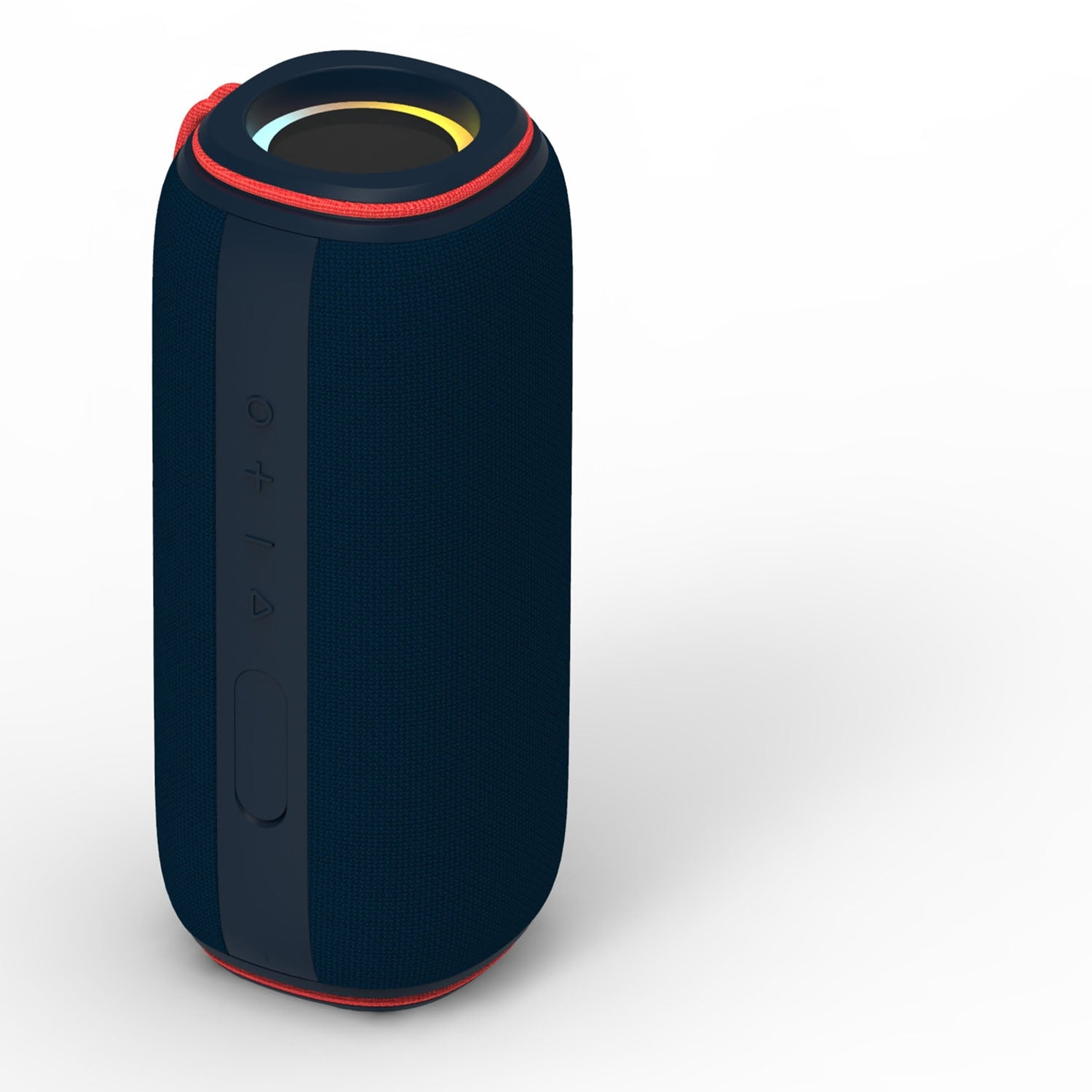 Altoparlante Bluetooth blu scuro con accenti rossi e pulsanti di controllo.