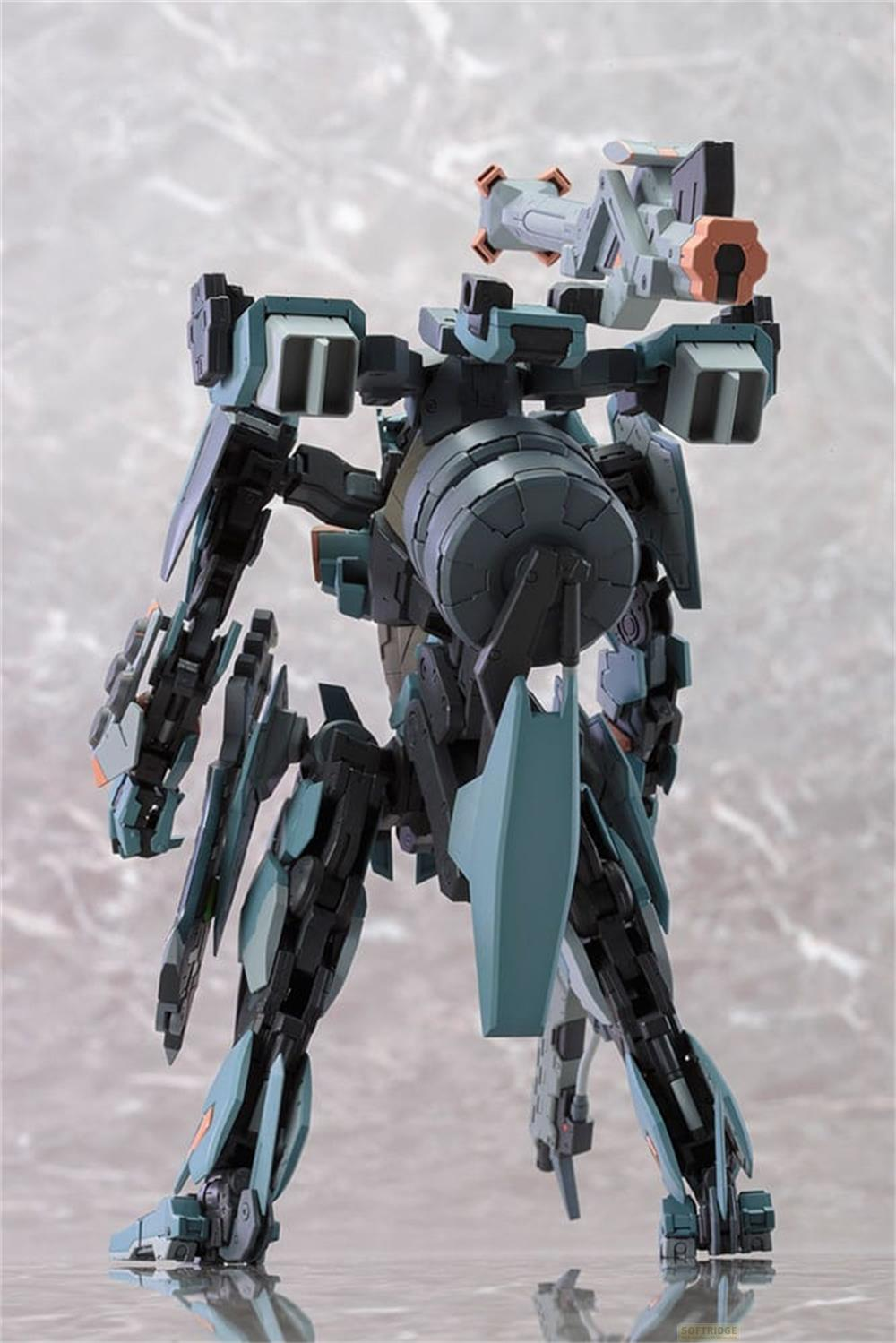 Ein detailliertes Modell eines Roboters in Blau- und Schwarztönen mit Waffen.