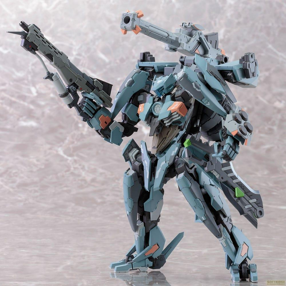 Ein futuristischer Mech in Blau und Grau mit Waffen.