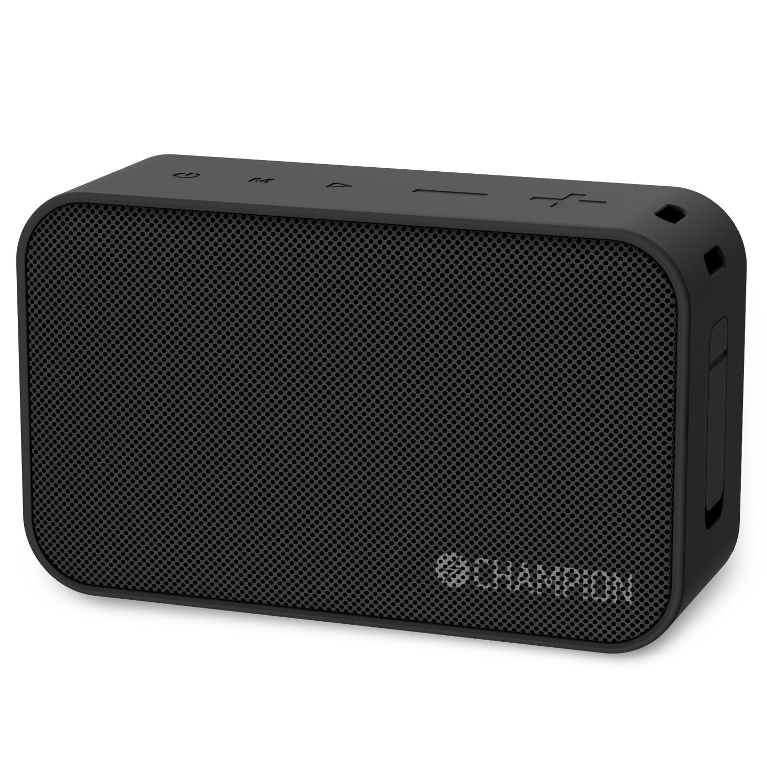 Altoparlante Bluetooth portatile nero con griglia traforata e pulsanti superiori.