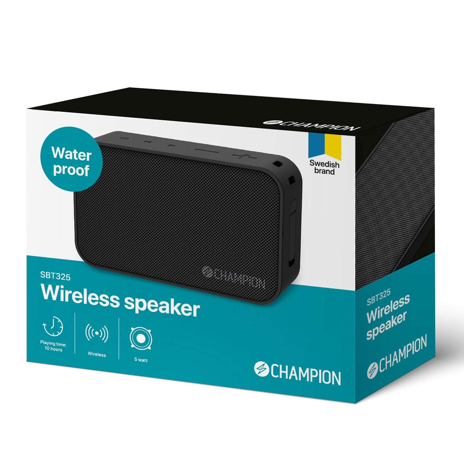 Confezione altoparlante wireless Champion SBT325. Impermeabile, 10h batteria, 5W.