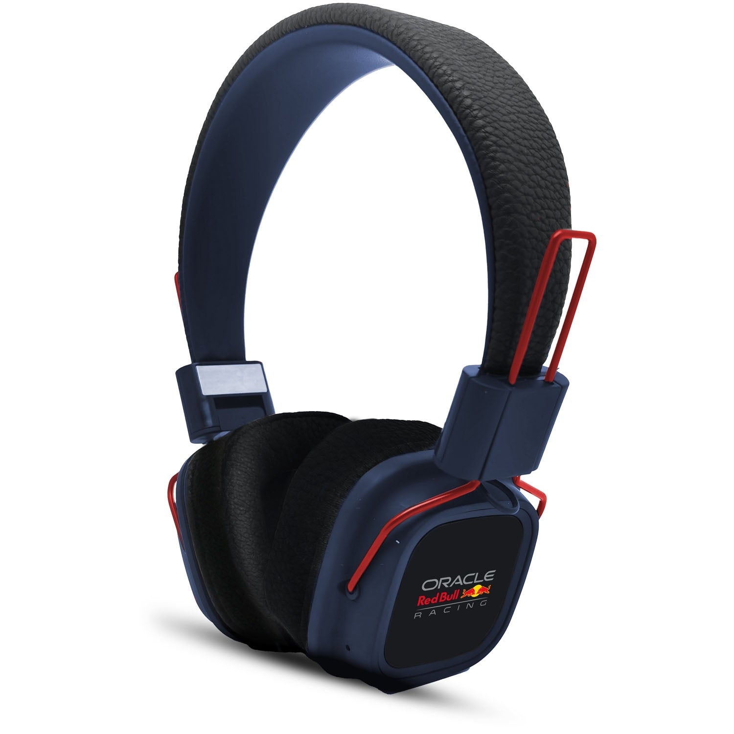 Cuffie blu scuro con accenti rossi e logo Red Bull Racing.