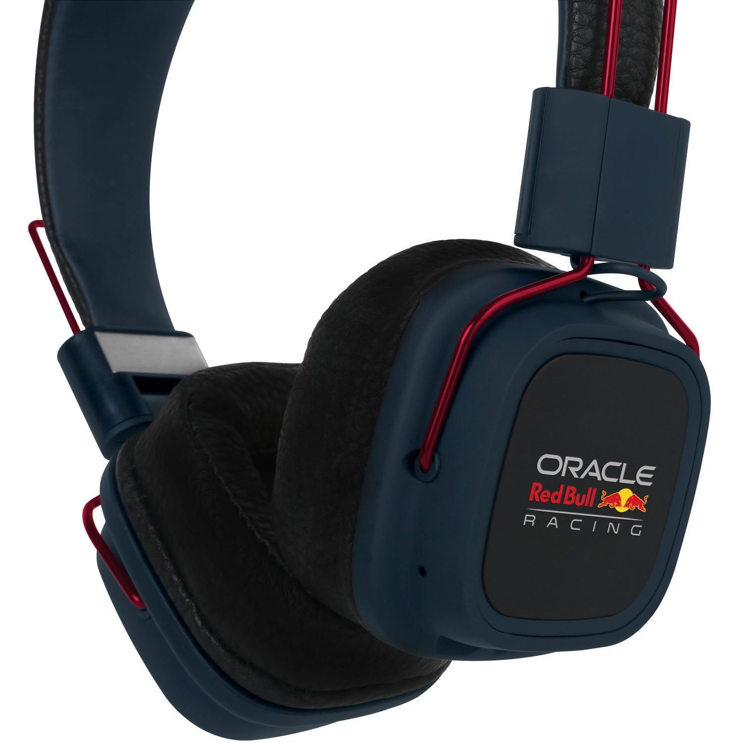 Cuffie blu scuro con accenti rossi e logo Red Bull Racing.
