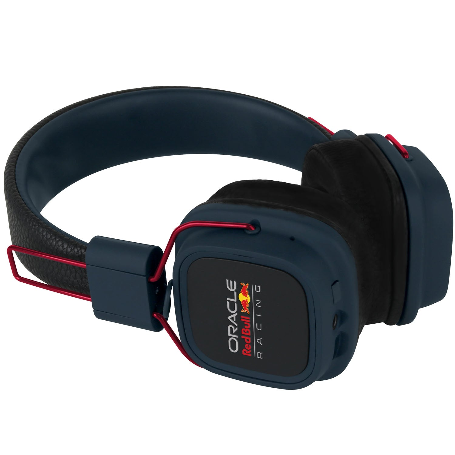 Cuffie blu con accenti rossi e logo Oracle Red Bull Racing sui padiglioni.