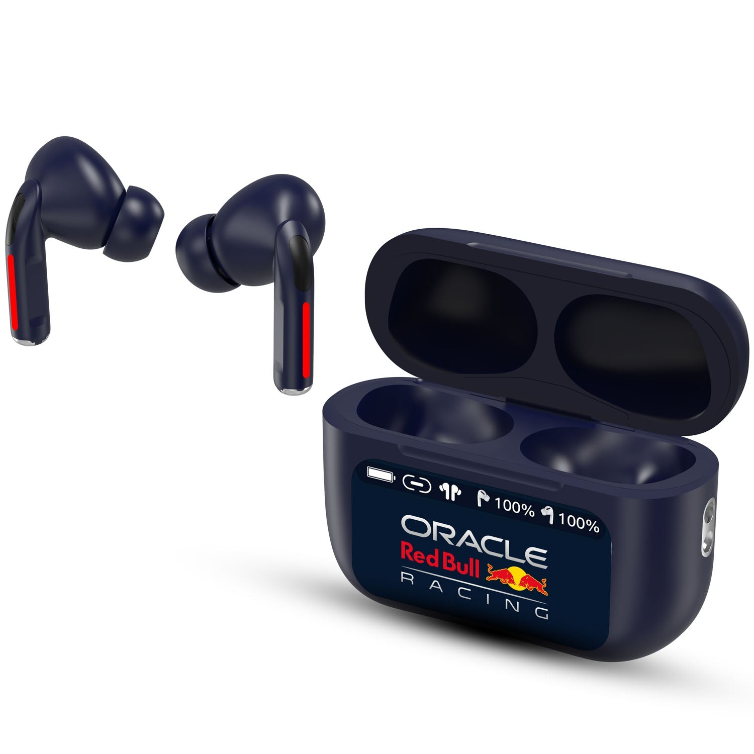 Auricolari blu scuro con accenti rossi e custodia di ricarica logo Oracle Red Bull Racing.