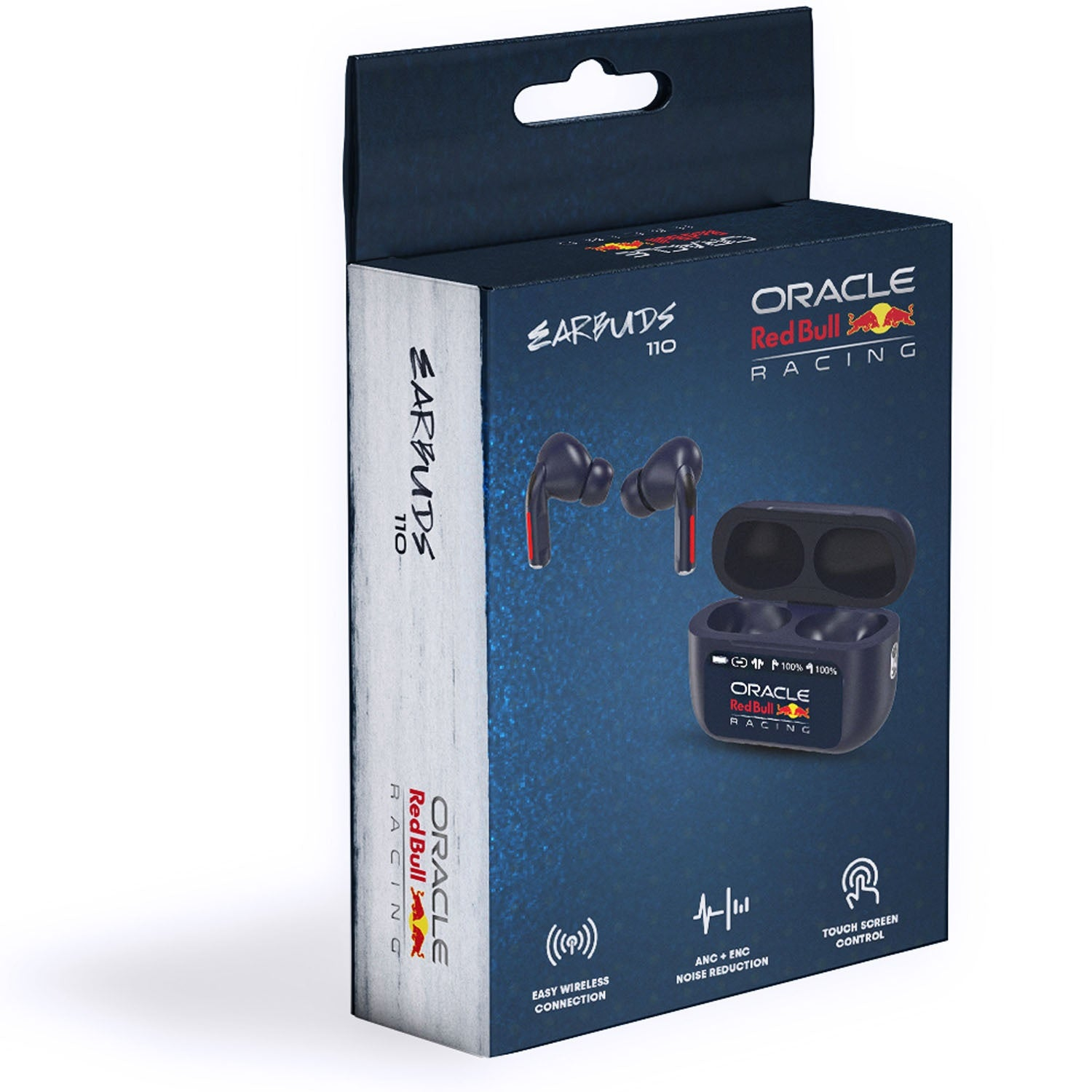 Scatola auricolari Red Bull Racing con auricolari e custodia di ricarica.