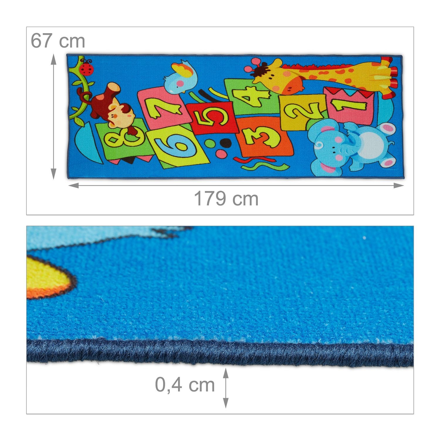 Alfombra azul con números y animales como mono, elefante y jirafa.