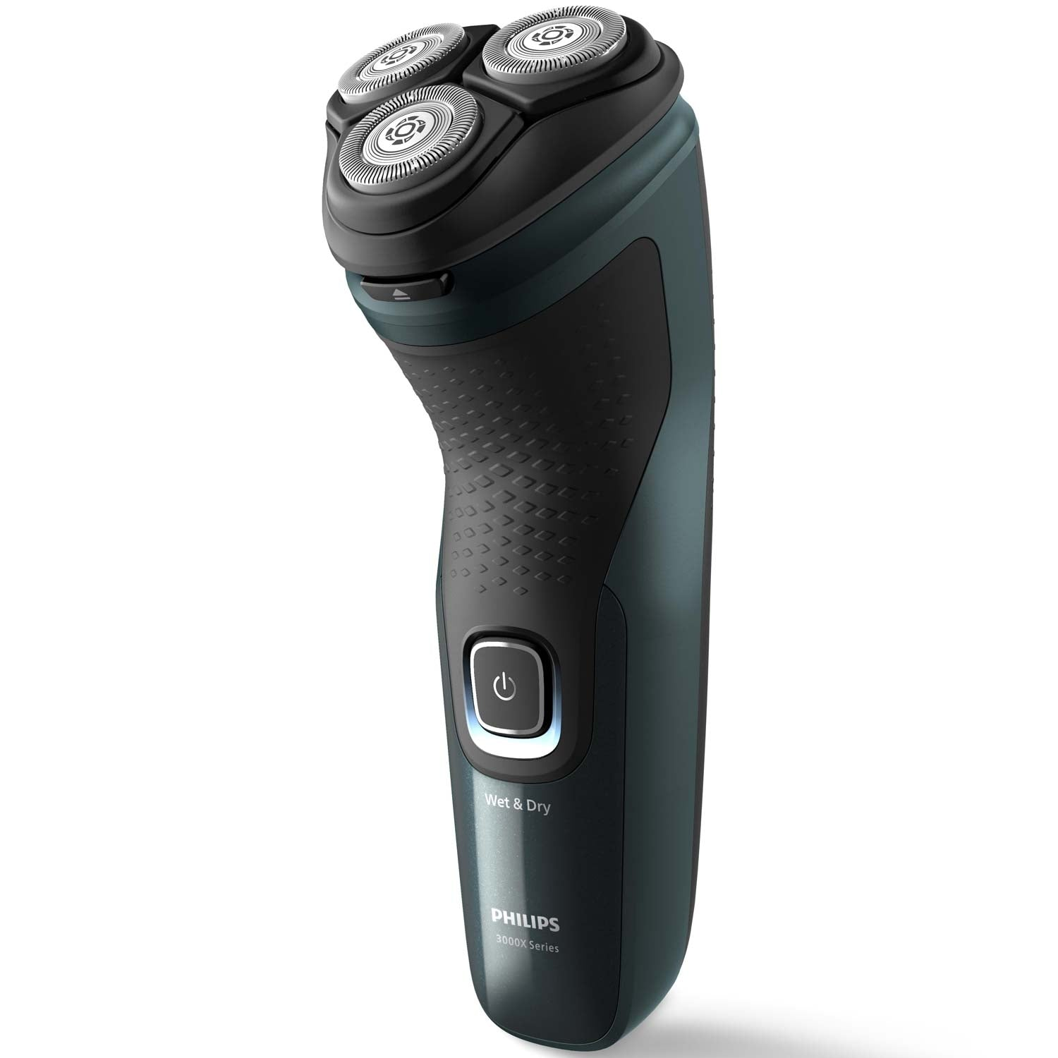 Una afeitadora eléctrica Philips oscura con tres cabezales giratorios.