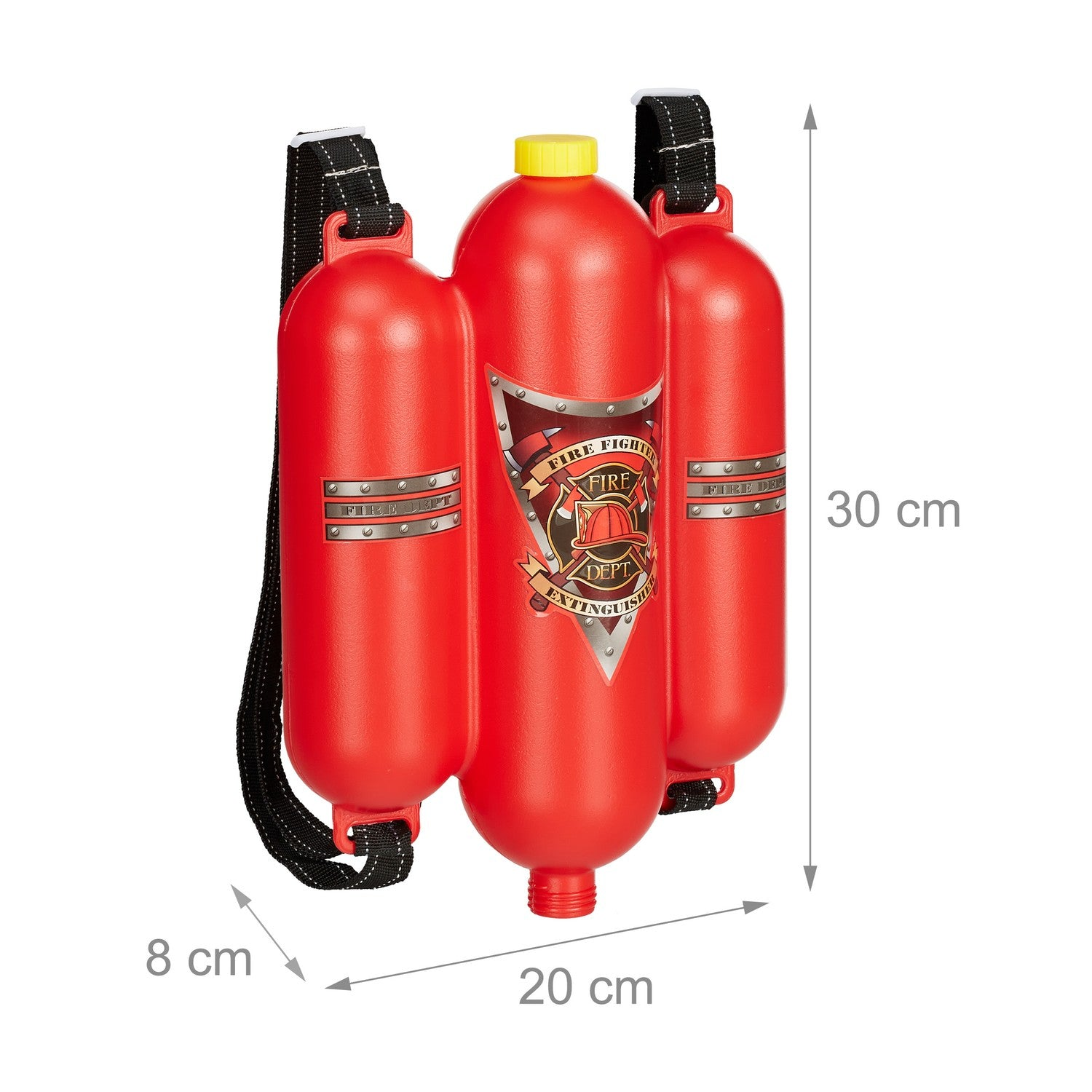 Mochila roja de bombero con tres tanques y correas.