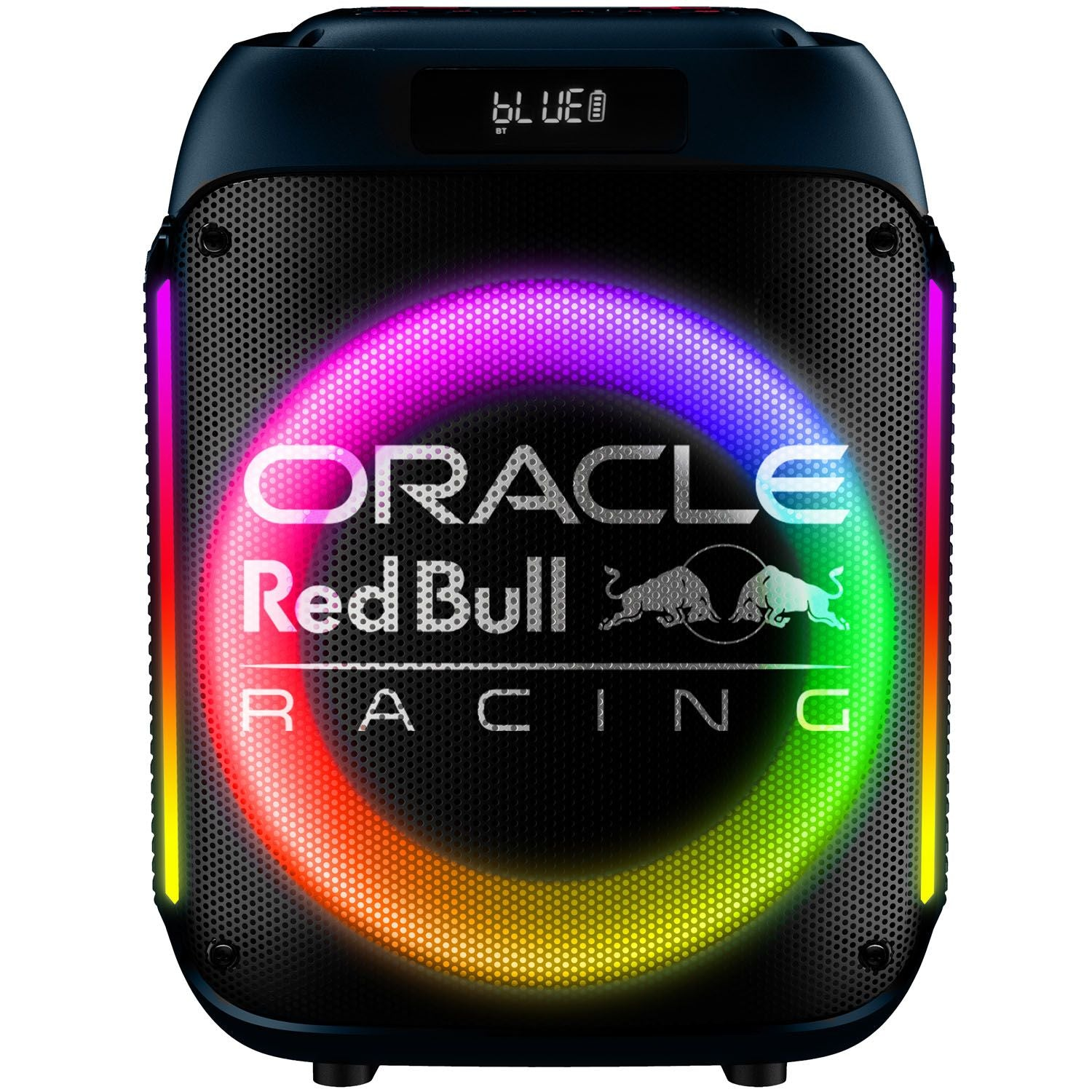 Gökkuşağı LED'li "Oracle Red Bull Racing" logolu siyah hoparlör.