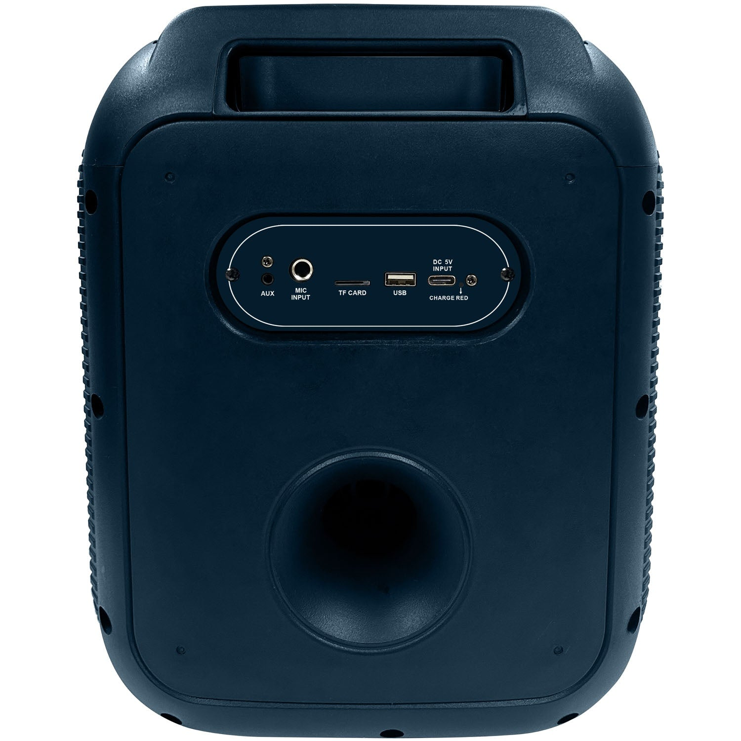 Koyu mavi hoparlör kutusu, bağlantı noktaları: AUX, Mikrofon, TF Kart, USB, 5V DC.