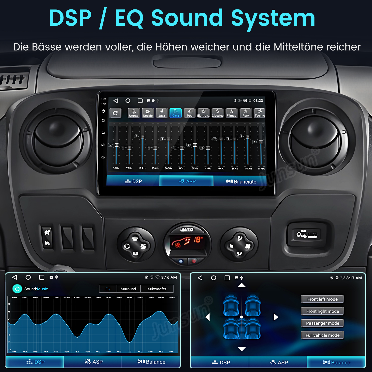 Armaturenbrett mit Touchscreen-Display für DSP/EQ Sound System, Equalizer und Fahrzeuginformationen.