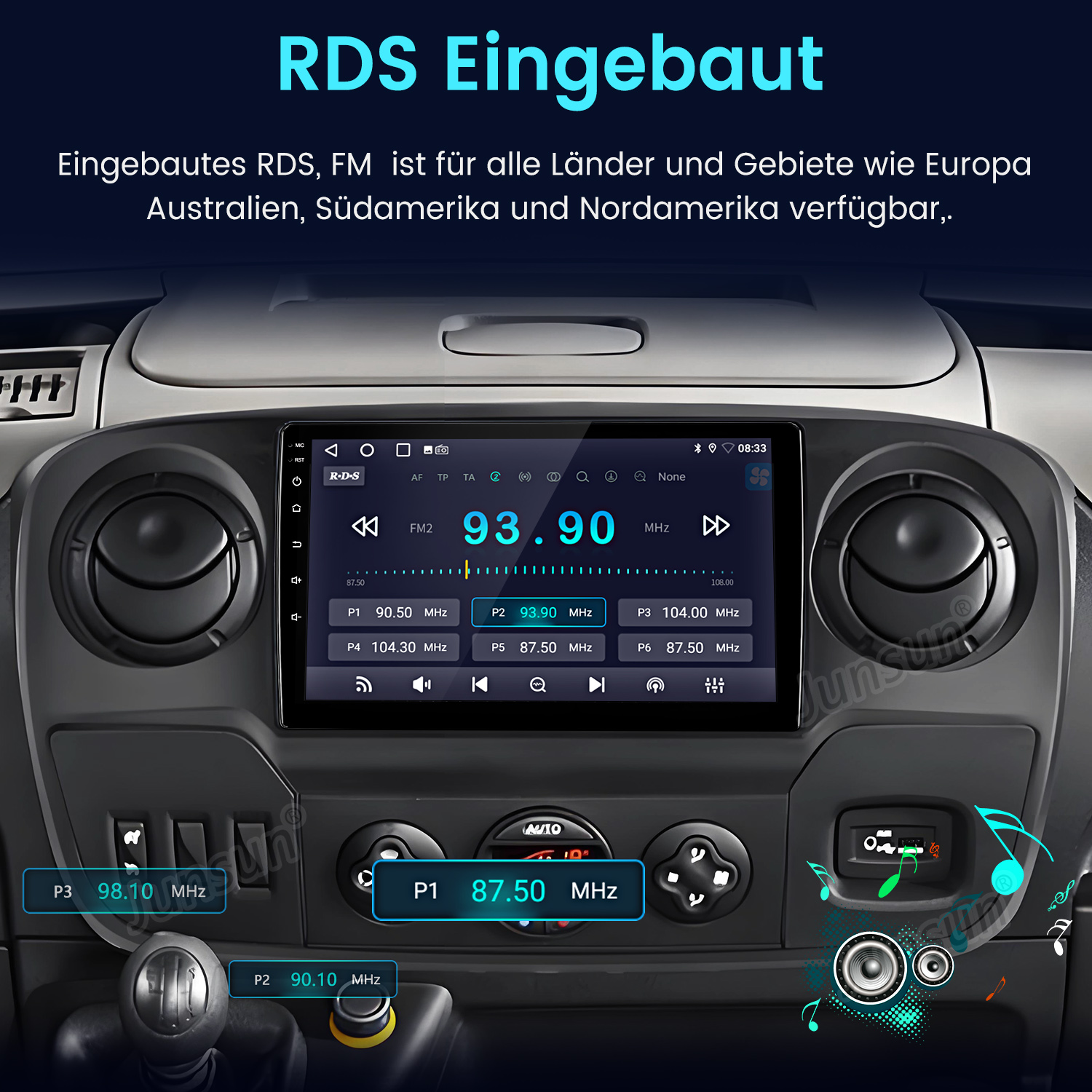 Ein Autoradio-Bildschirm zeigt FM-Frequenzen und Einstellungen an.