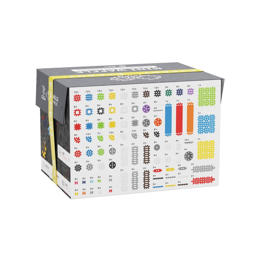 Pudełko mini klocków o różnych kształtach i kolorach.