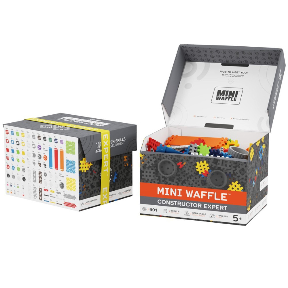 Dwa pudełka klocków konstrukcyjnych Mini Waffle. Jedno zamknięte, drugie otwarte.