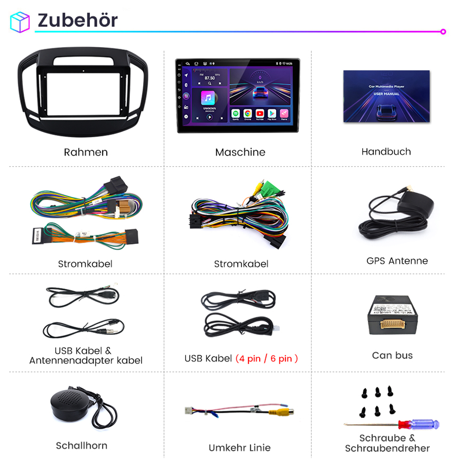 Zubehör: Rahmen, Maschine, Handbuch, Stromkabel, GPS Antenne, USB Kabel, Can bus, Schallhorn, Umkehr Linie, Schrauben.