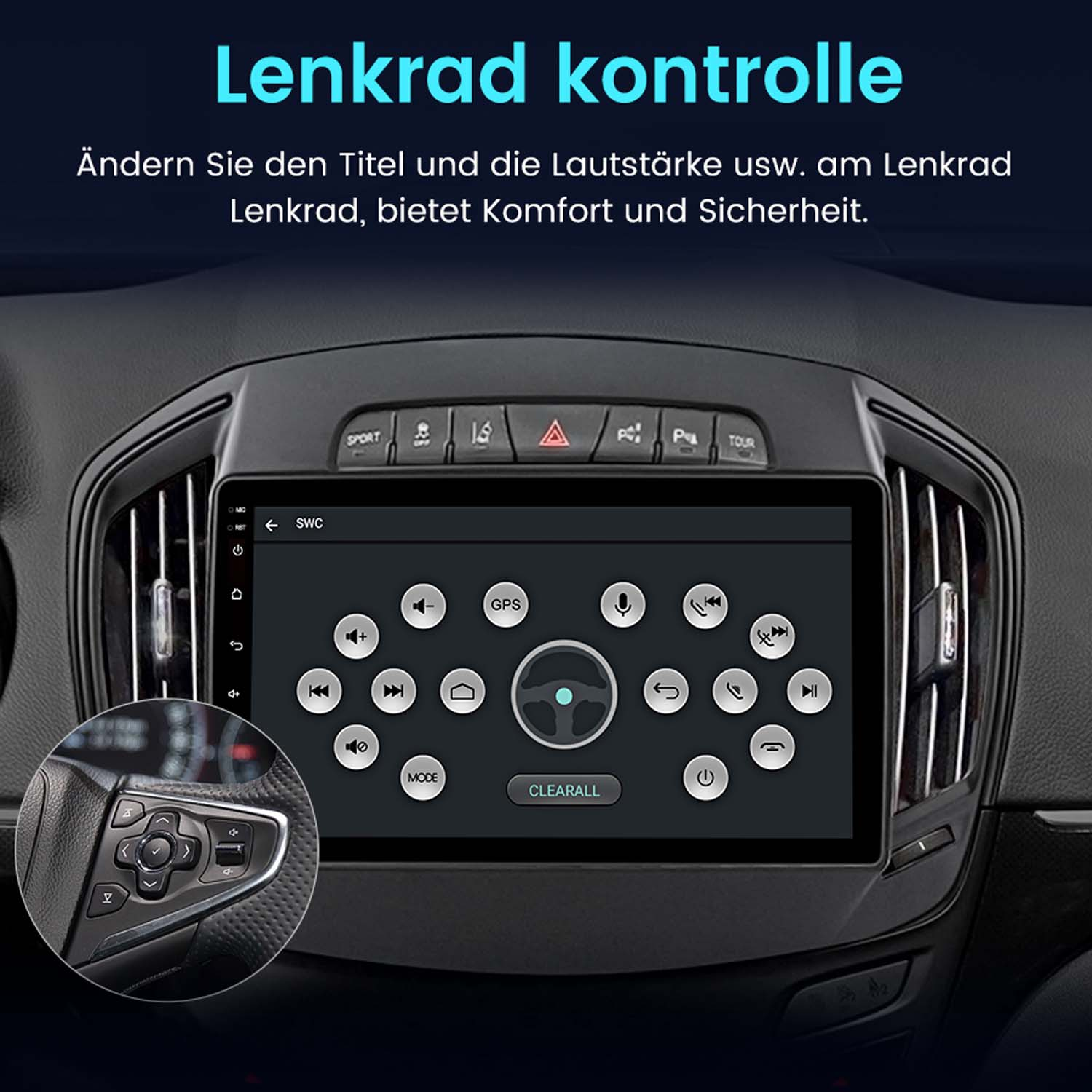 Ein Auto-Infotainmentsystem mit Lenkradsteuerung und Touchscreen.