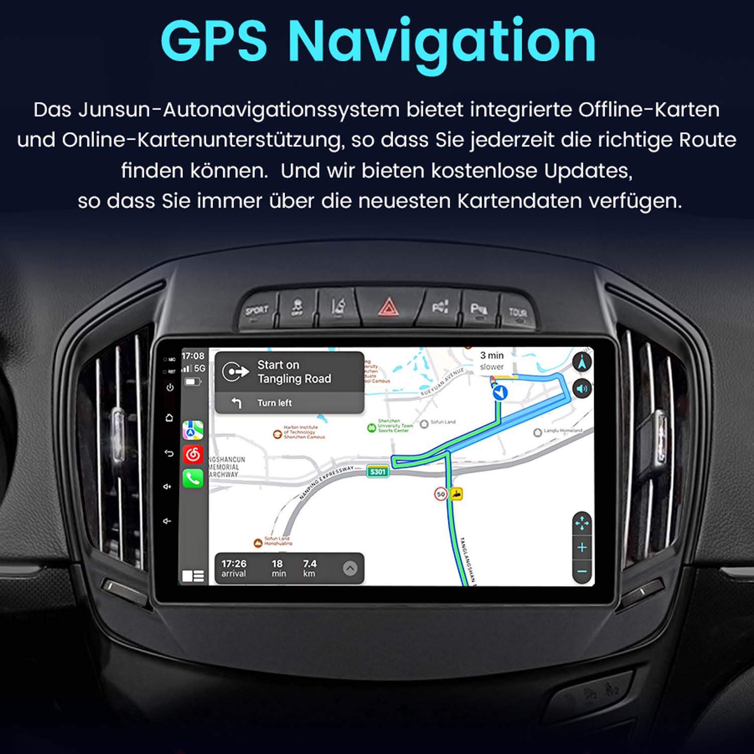 Ein Auto-Navigationssystem zeigt eine Karte mit einer Route und Fahranweisungen an.