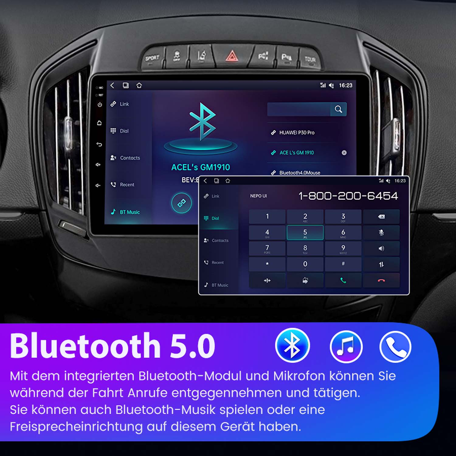 Ein Autoradio-Bildschirm zeigt eine Telefon-App mit Ziffernblock und Bluetooth-Optionen.