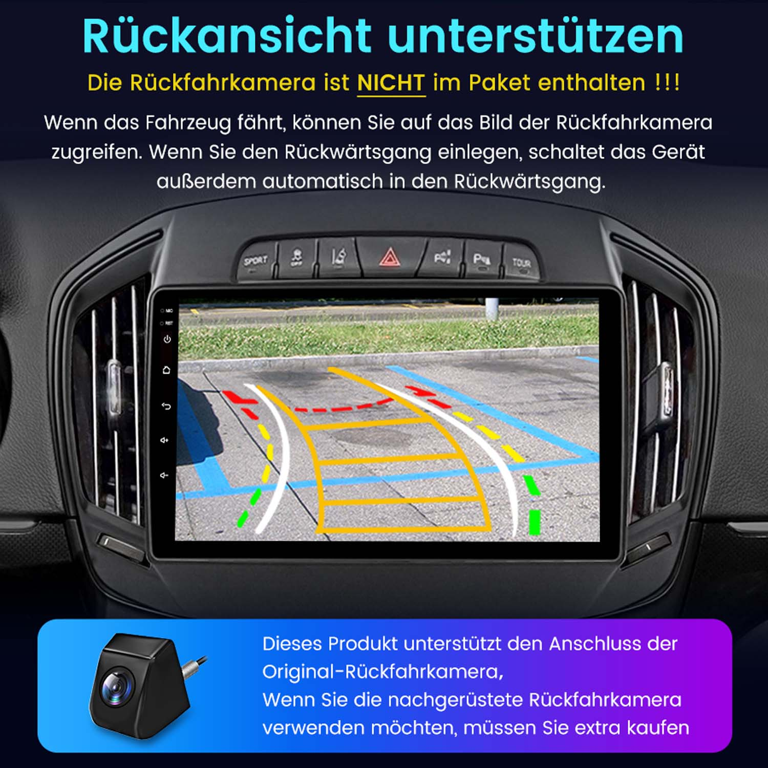 Autodisplay zeigt Rückfahrkamera-Ansicht mit Parkhilfslinien und einer separaten Kamera.