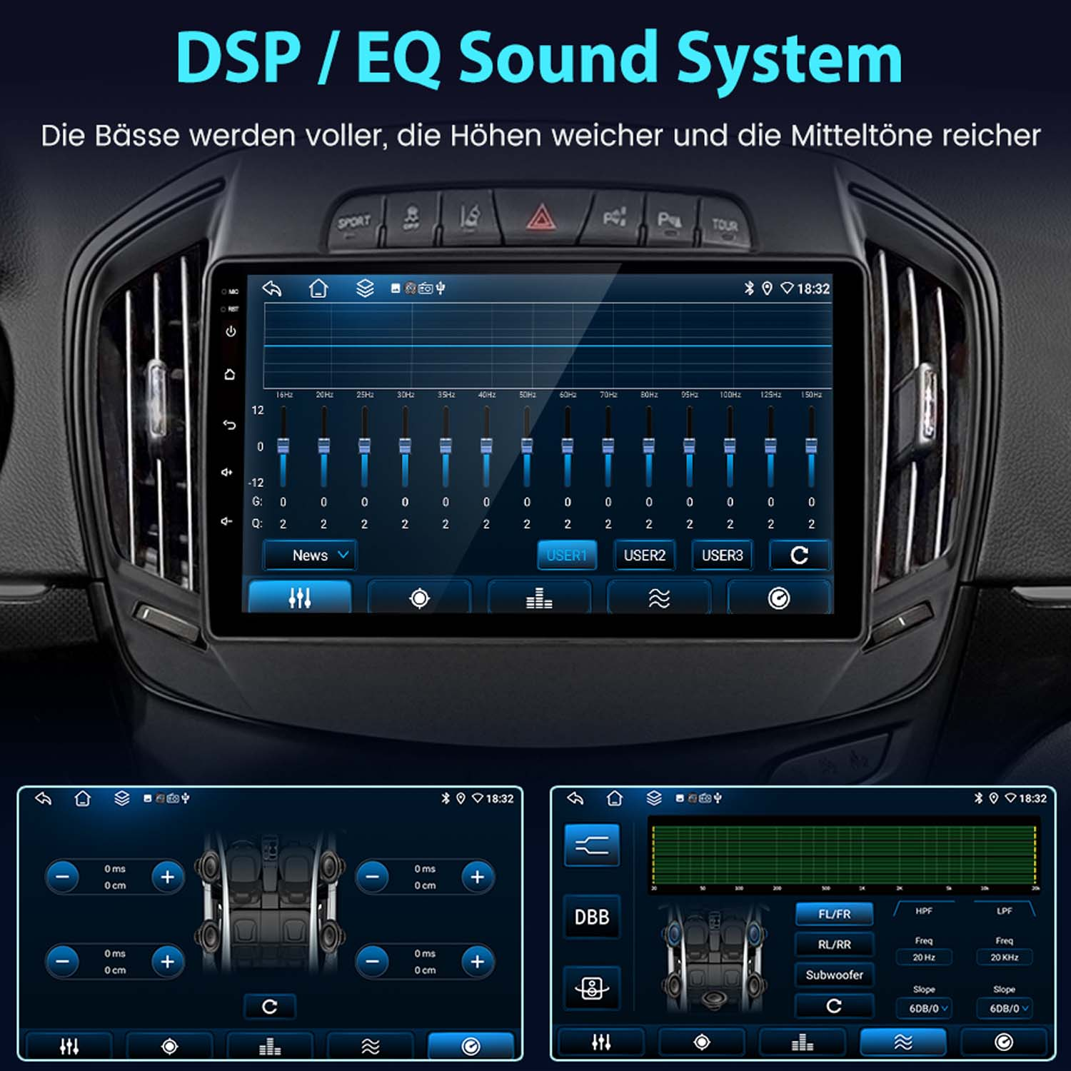 DSP/EQ-Audiosystem im Auto mit Equalizer- und Lautsprechereinstellungen.