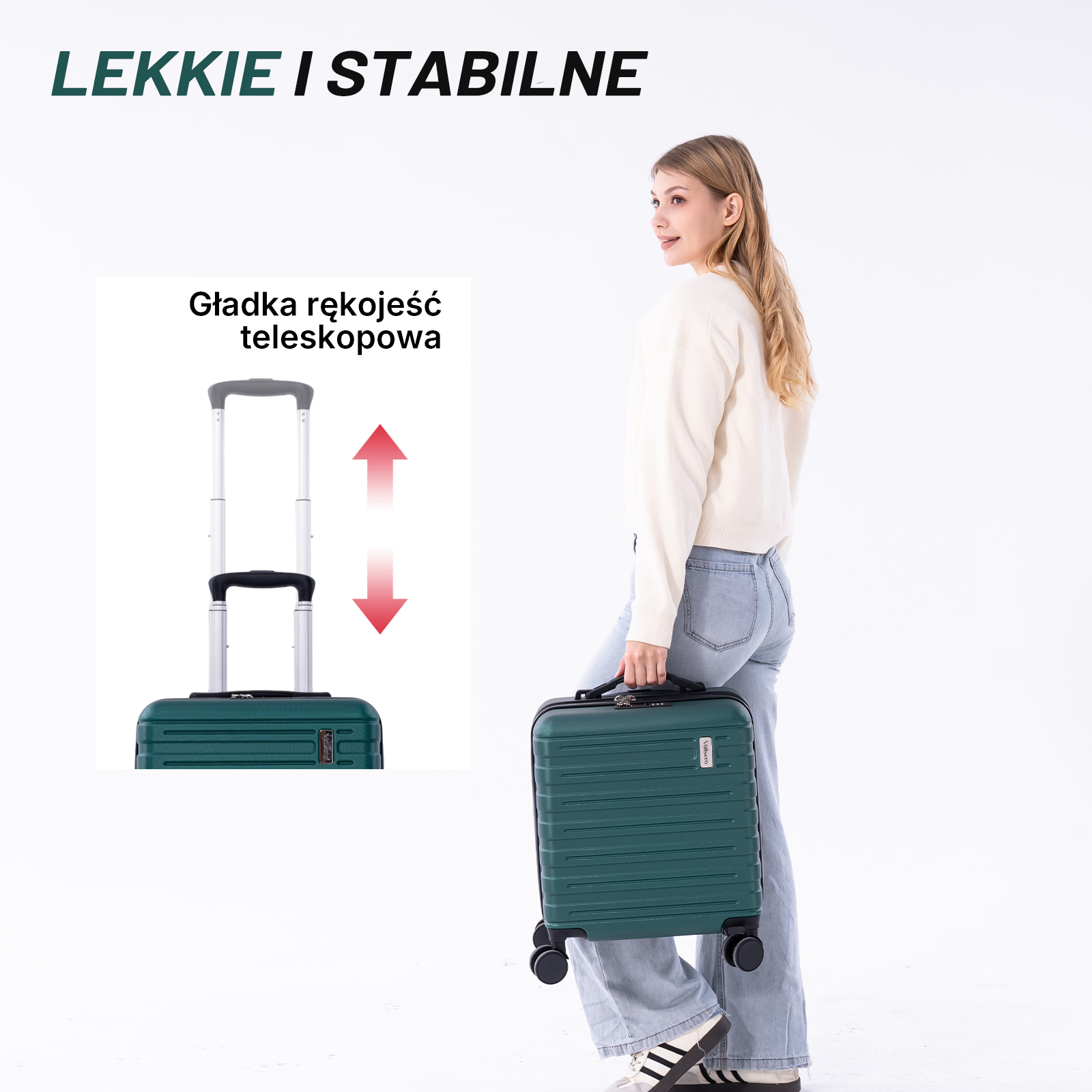 Kobieta niesie zieloną walizkę. Zbliżenie pokazuje wysuwaną rączkę.