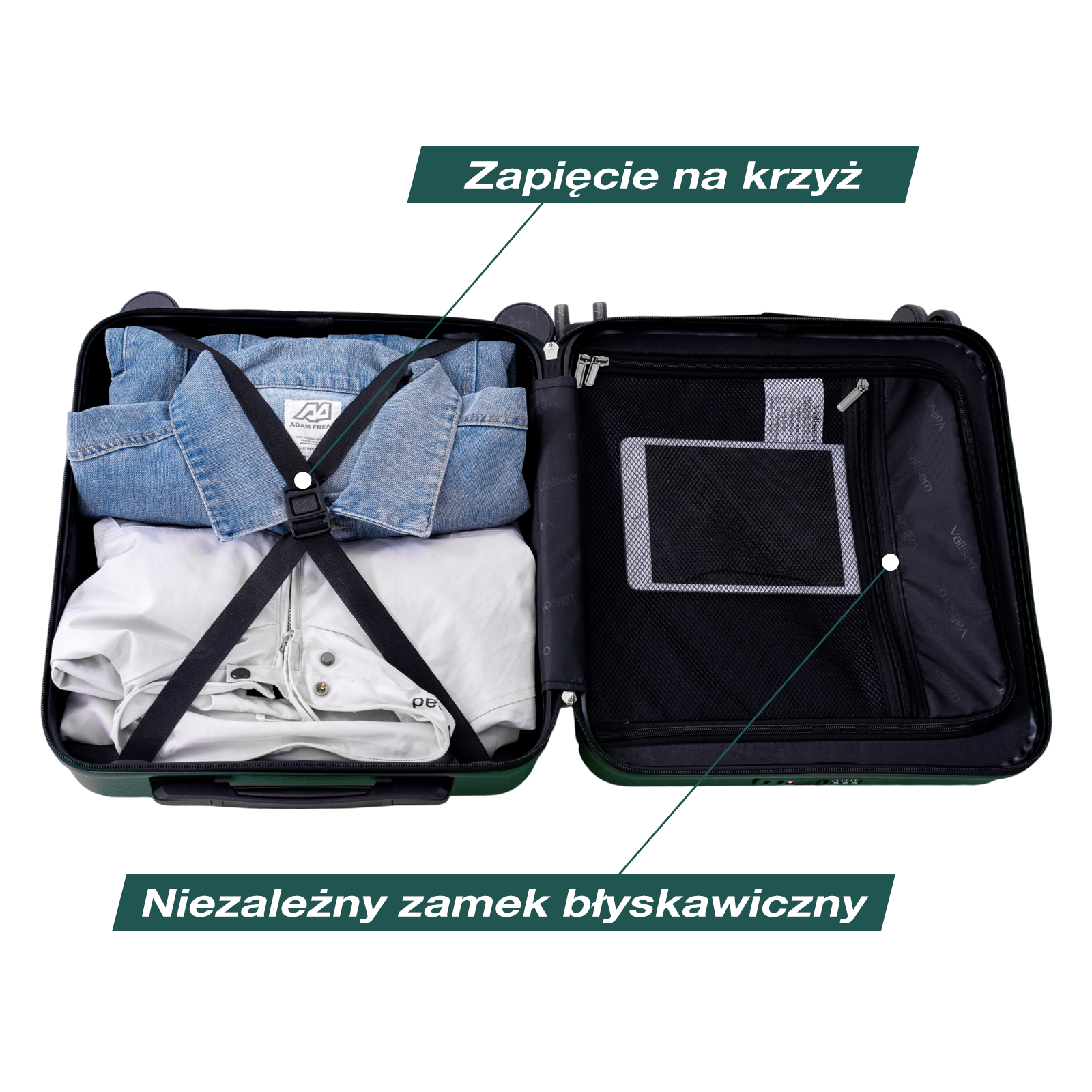 Otwarta walizka z ubraniami i tabletem w kieszeni siatkowej.