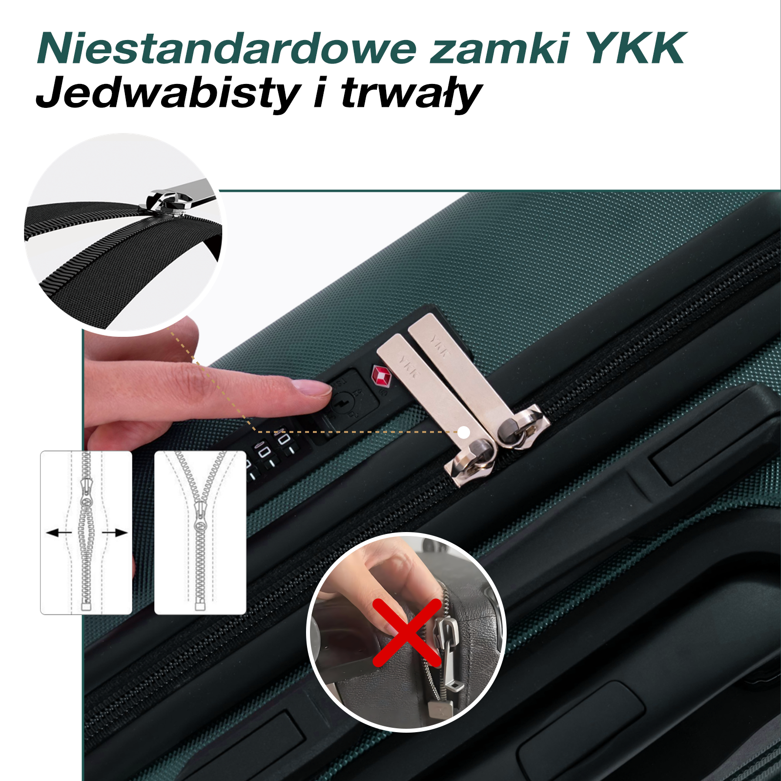 Zbliżenie walizki z zamkiem TSA i zamkiem błyskawicznym. Widoki szczegółowe pokazują funkcjonalność zamka.